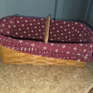 Longaberger Basket with Burgundy Floral Liner Perhaps A Bread Basket